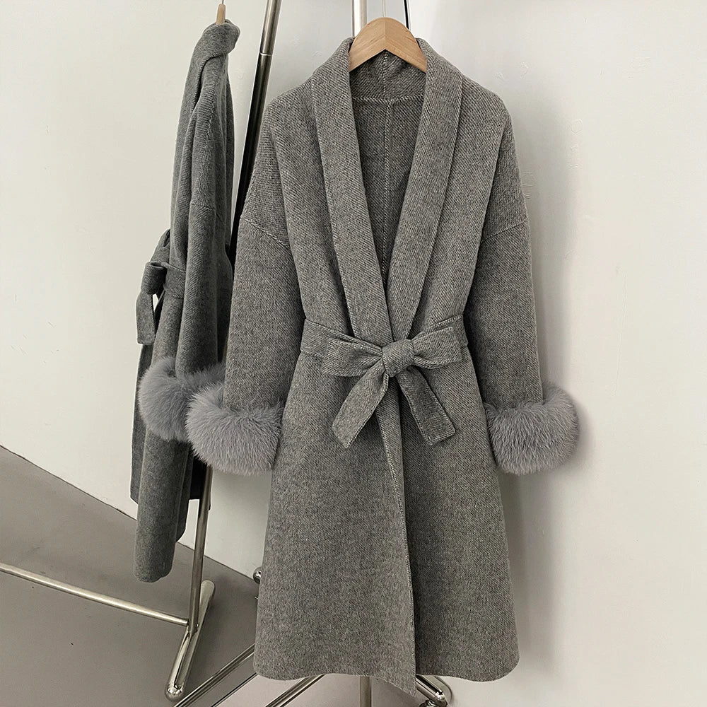 High End Double-sided Wool Strapping Real Wool Fur Coat Women's Removable Cuffs Fox Fur Temperament Cashmere Short Jacket