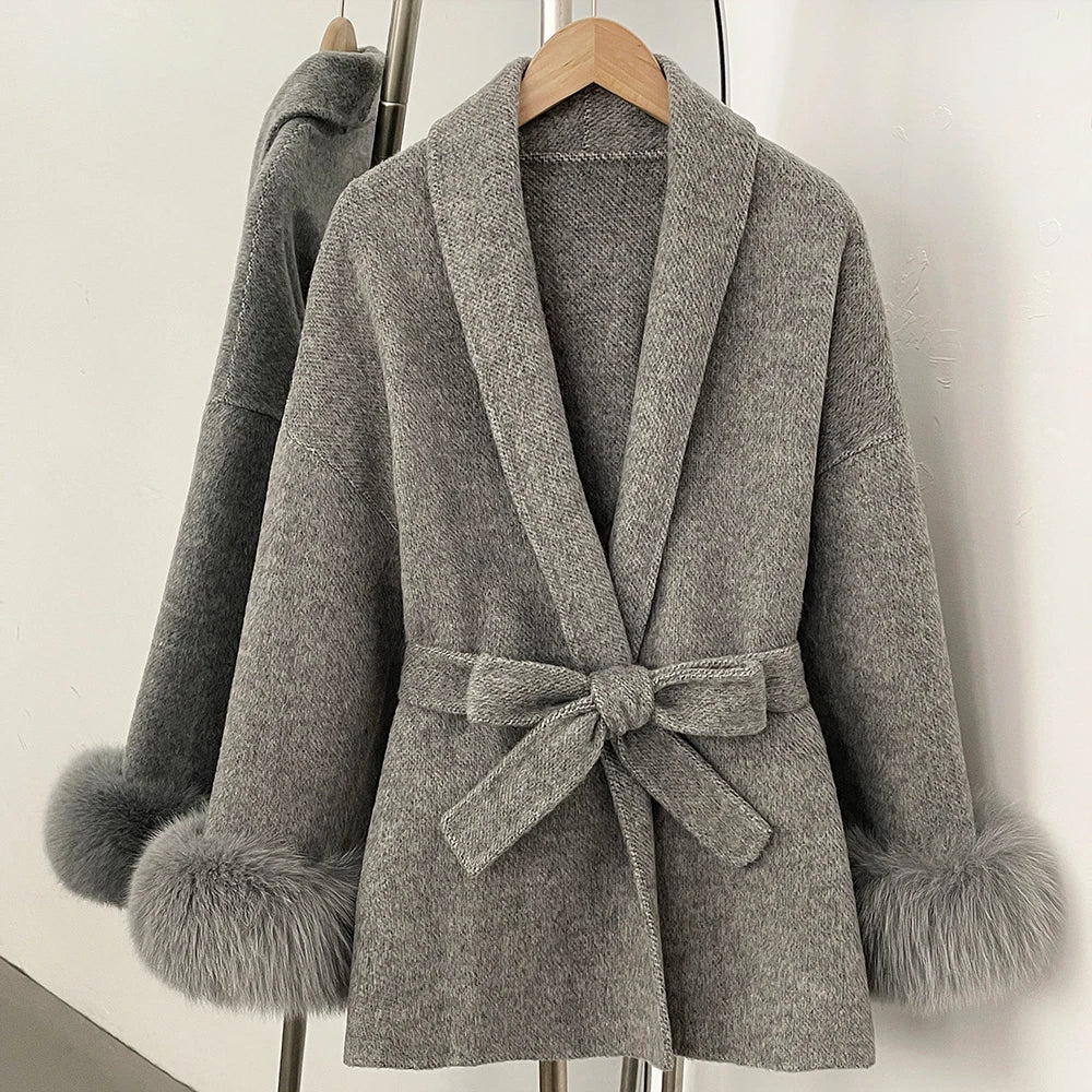High End Double-sided Wool Strapping Real Wool Fur Coat Women's Removable Cuffs Fox Fur Temperament Cashmere Short Jacket