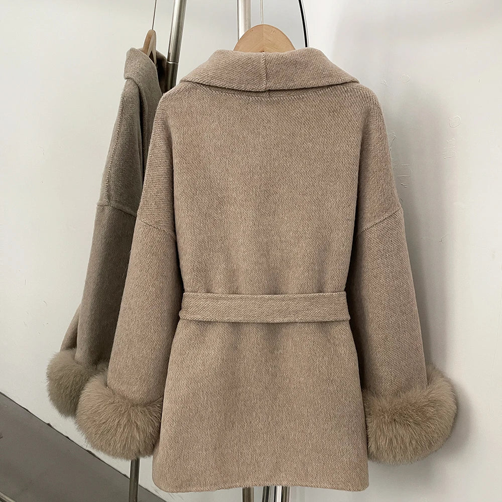 High End Double-sided Wool Strapping Real Wool Fur Coat Women's Removable Cuffs Fox Fur Temperament Cashmere Short Jacket