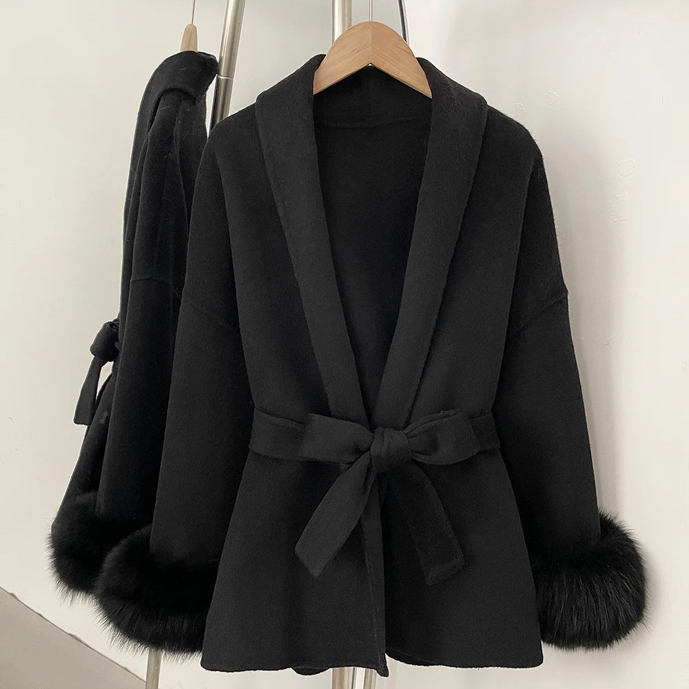 High End Double-sided Wool Strapping Real Wool Fur Coat Women's Removable Cuffs Fox Fur Temperament Cashmere Short Jacket
