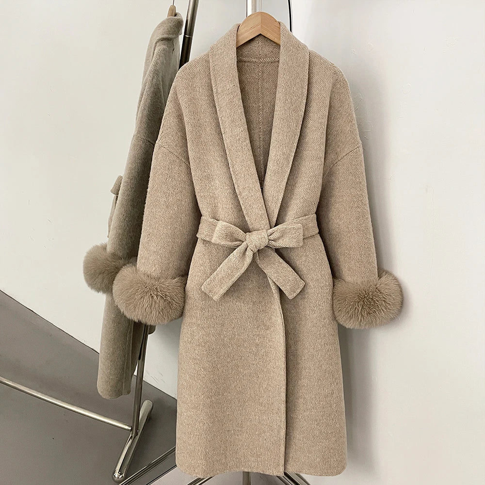 High End Double-sided Wool Strapping Real Wool Fur Coat Women's Removable Cuffs Fox Fur Temperament Cashmere Short Jacket