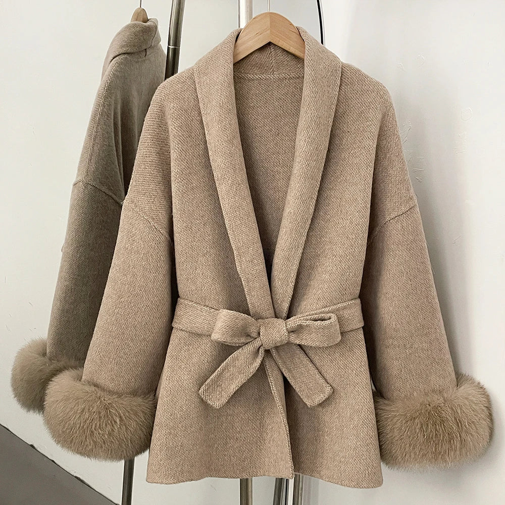 High End Double-sided Wool Strapping Real Wool Fur Coat Women's Removable Cuffs Fox Fur Temperament Cashmere Short Jacket