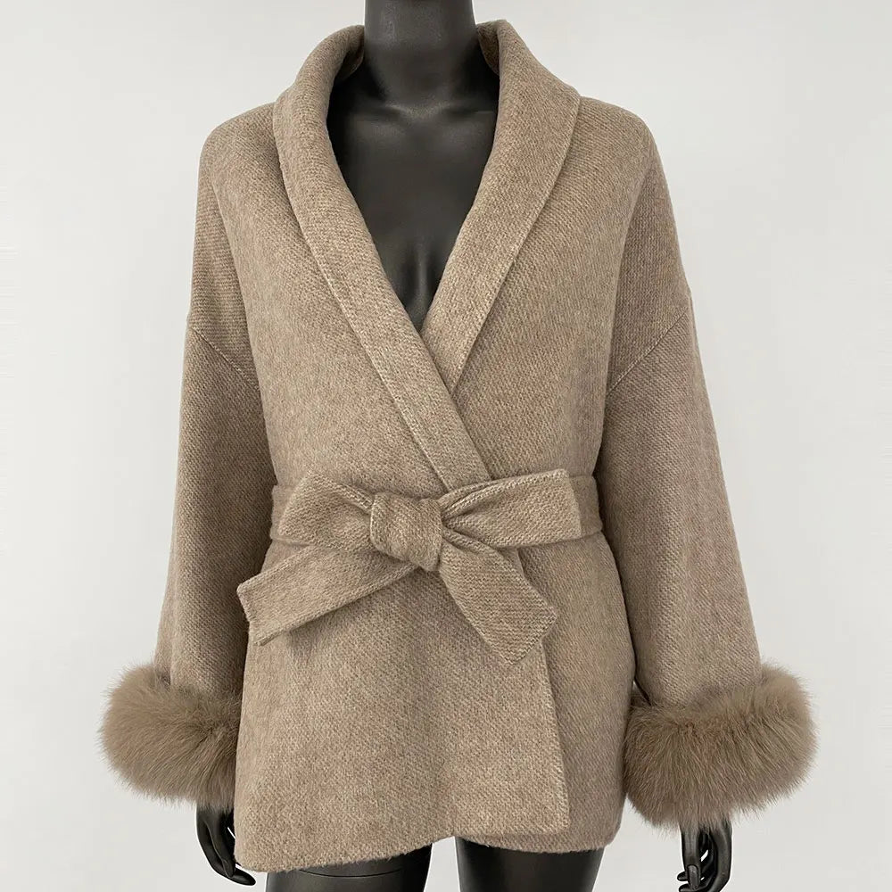 High End Double-sided Wool Strapping Real Wool Fur Coat Women's Removable Cuffs Fox Fur Temperament Cashmere Short Jacket