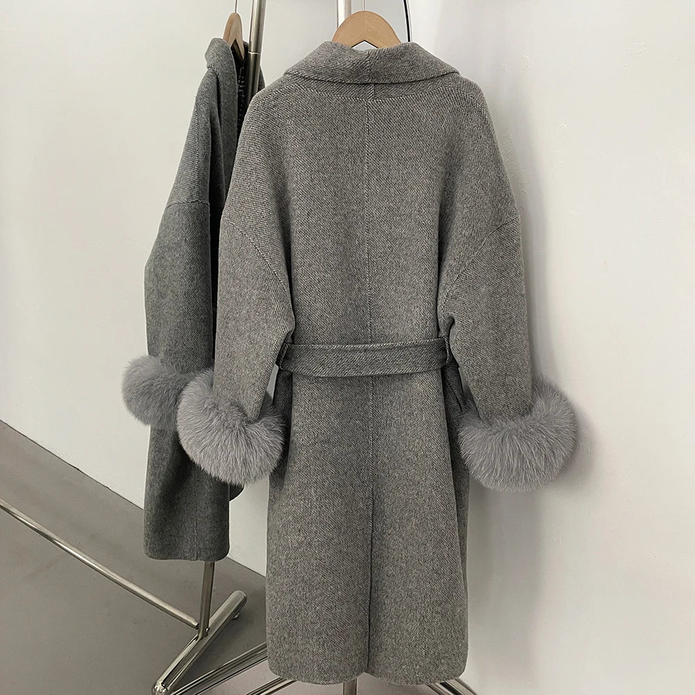 High End Double-sided Wool Strapping Real Wool Fur Coat Women's Removable Cuffs Fox Fur Temperament Cashmere Short Jacket