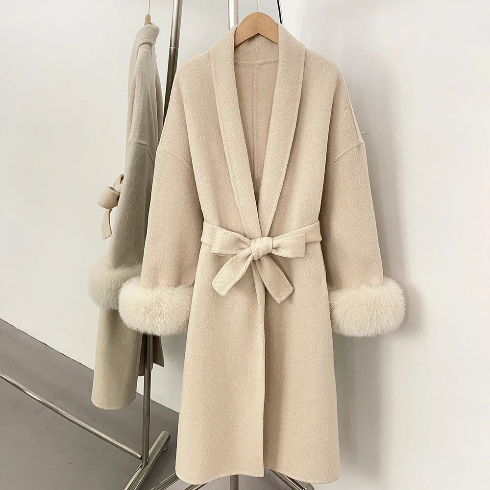 High End Double-sided Wool Strapping Real Wool Fur Coat Women's Removable Cuffs Fox Fur Temperament Cashmere Short Jacket