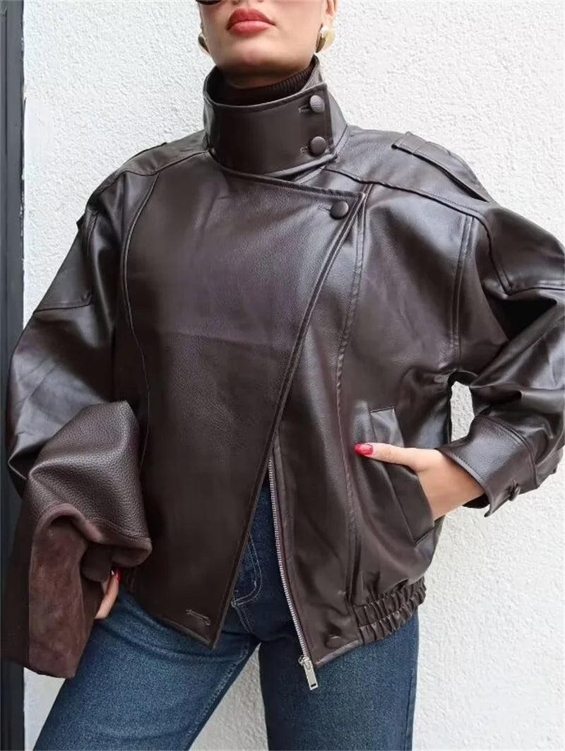 Women's Jacket Fall 2025 New Black Long Sleeve Pebble Faux Leather Jacket Motorcycle Style Personality Fashion