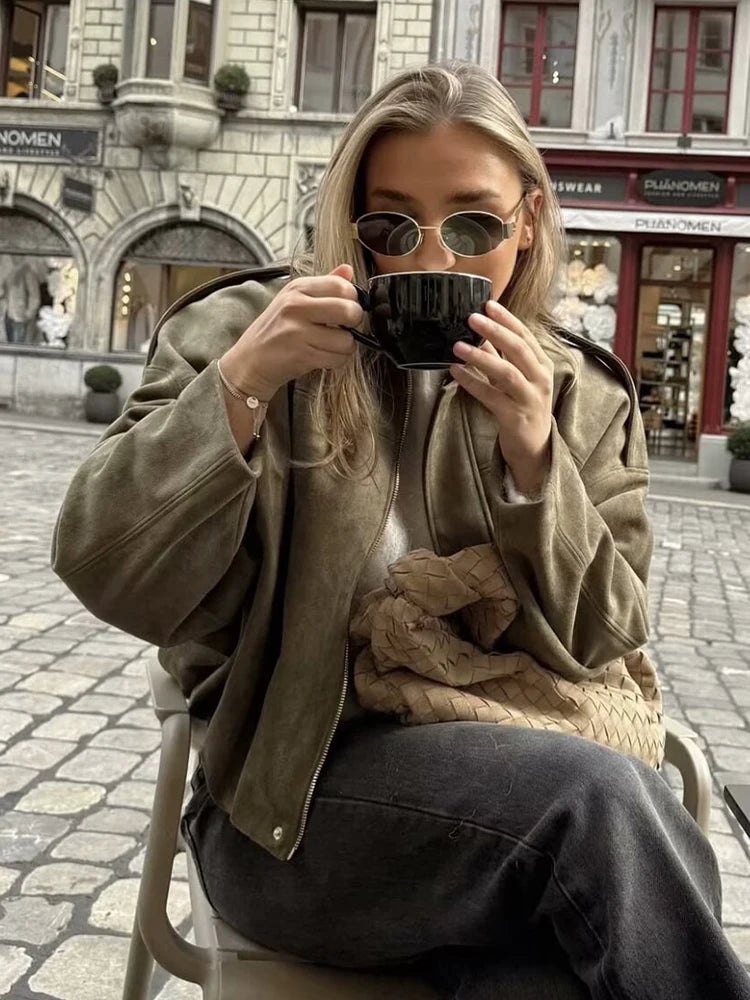 Vintage Women Green Oversize Bomber Jackets 2025 Fashion Ladies Elegant Loose Soft Outfits Jacket for Party Female Chic Clothes