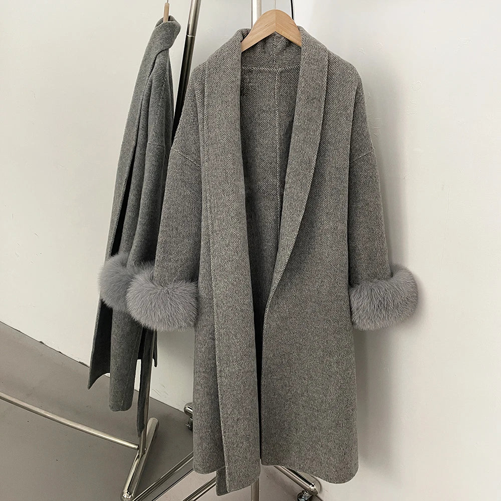 High End Double-sided Wool Strapping Real Wool Fur Coat Women's Removable Cuffs Fox Fur Temperament Cashmere Short Jacket