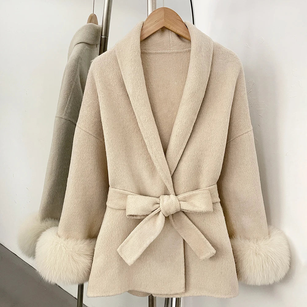High End Double-sided Wool Strapping Real Wool Fur Coat Women's Removable Cuffs Fox Fur Temperament Cashmere Short Jacket
