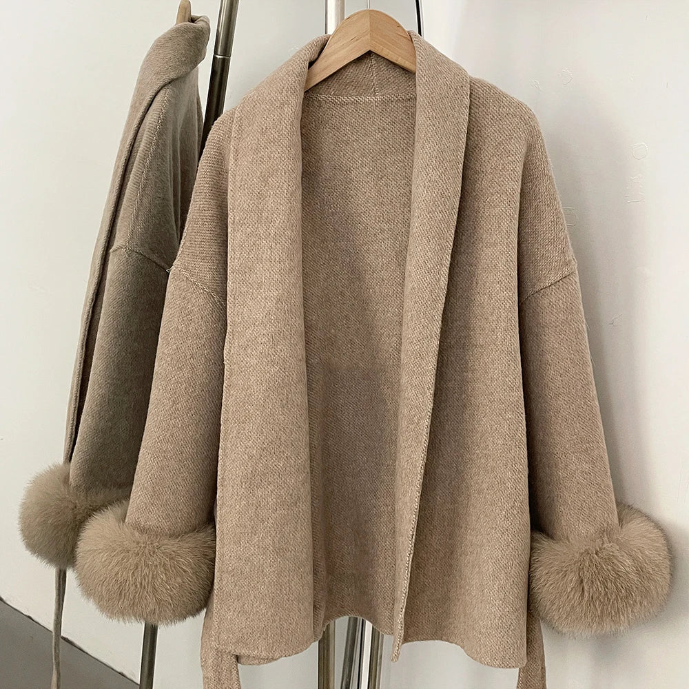 High End Double-sided Wool Strapping Real Wool Fur Coat Women's Removable Cuffs Fox Fur Temperament Cashmere Short Jacket